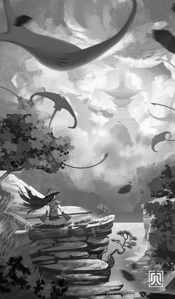 Illustration Onirique - Flying Rays - Grayscale_02